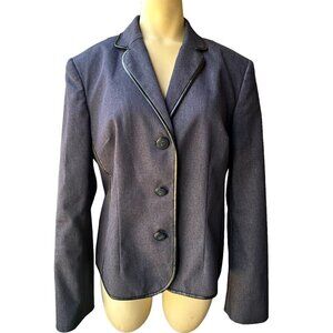 Evan Picone Jacket Denim‎ Chambray Blue Blazer Faux Leather Trim Women's 12 VTG